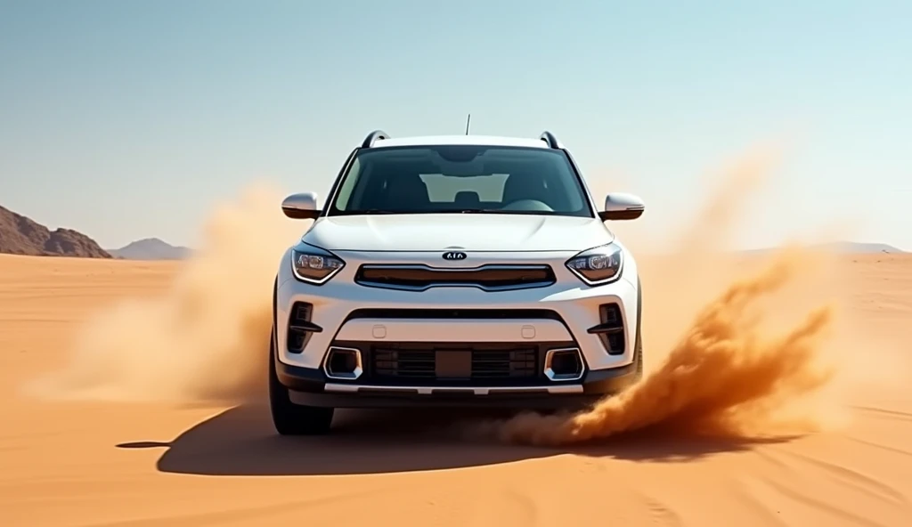 Give me a competative image of ( Kia Stonic ) ( white ) front view in desert 