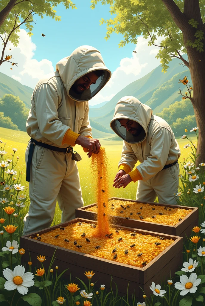 beekeepers:skilled workers who manage the beehives, ensure the health of the bees and harvest the honey (art/sketch)