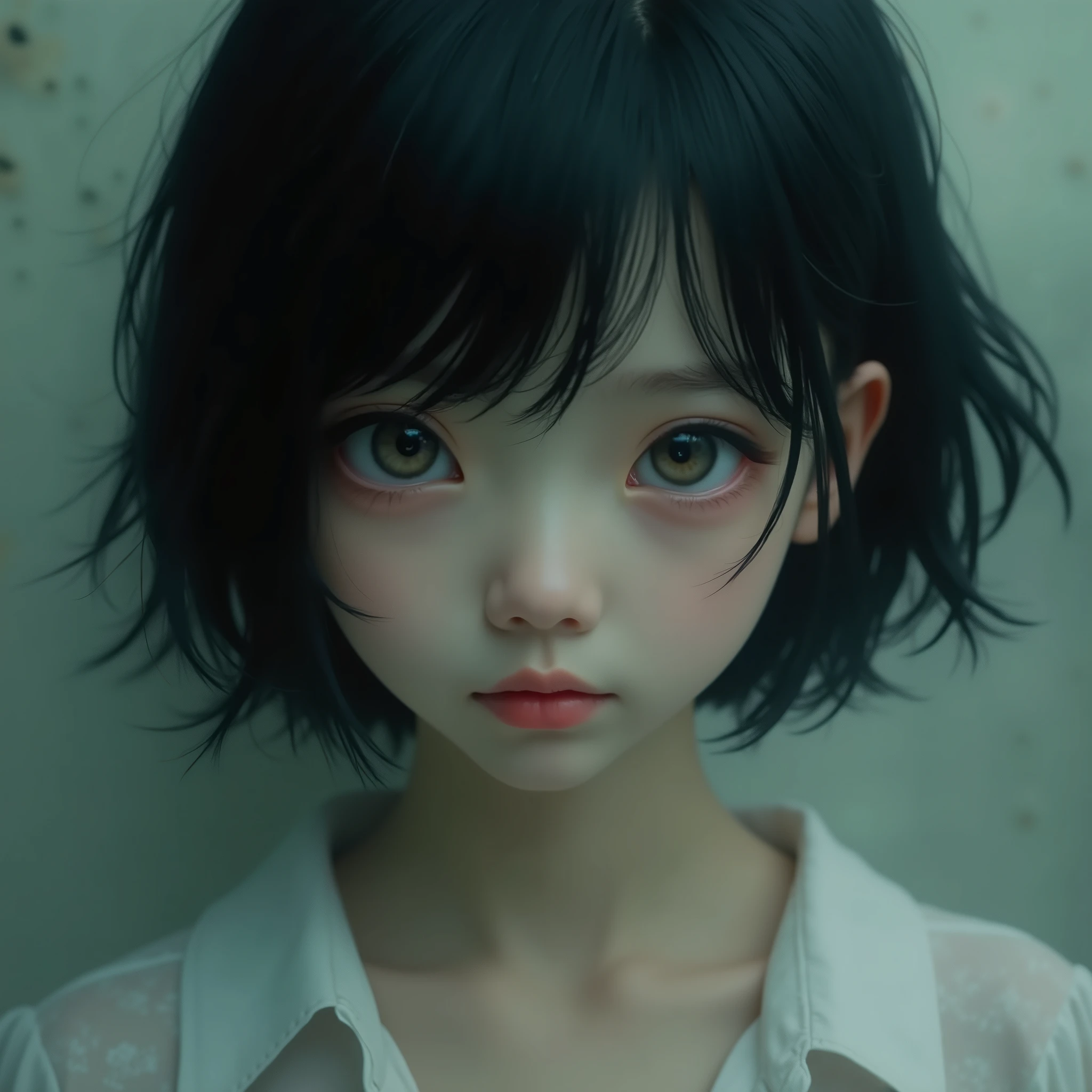 black hair, young girl , beautiful , light eyes , neckline, Surrealism, cinematic , 8k, super detail