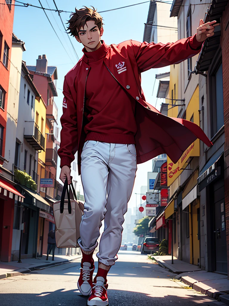A boy, slightly dark brown hair, skin fair, white jacket, Red shirt, big black pants, red and white sneakers, looking at the camera, Setting of a city, holding an epée, heroic pose, high qualiy, best qualityer, 8K resolution