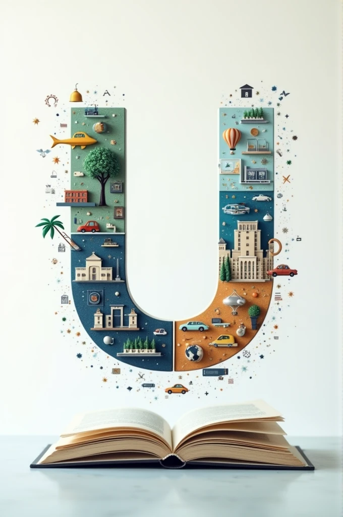 You're describing a unique visual concept where a bold letter "U" is divided into two sections. One section is filled with images related to business management, while the other is filled with images related to hotel management and an open book should be placed under the u.