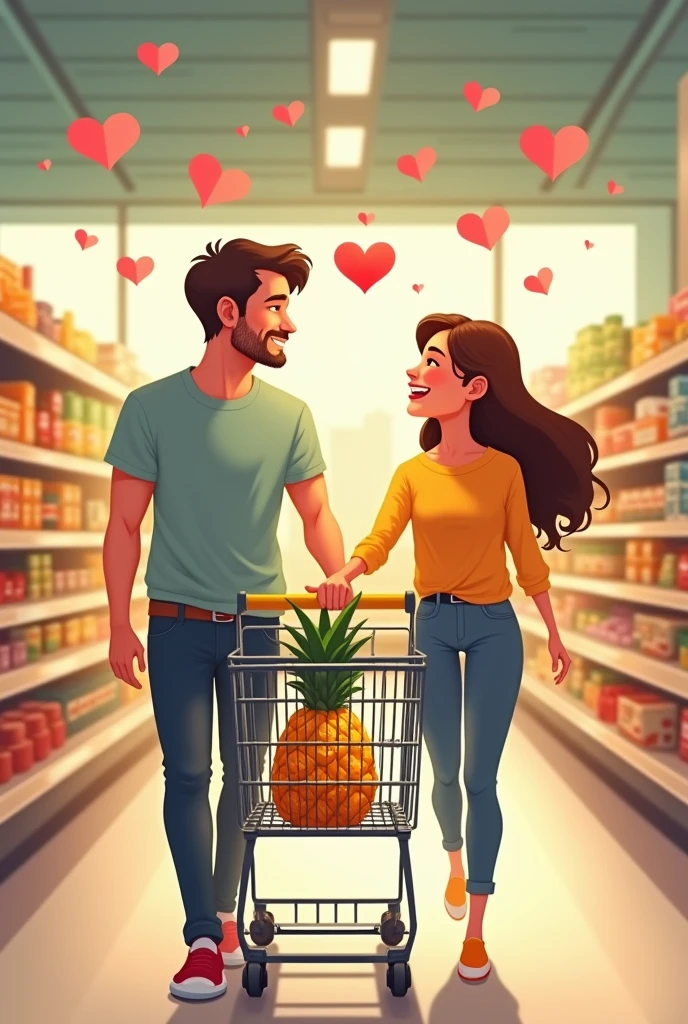 A couple in love hitting the supermarket cart with pineapple inside and hearts around it 