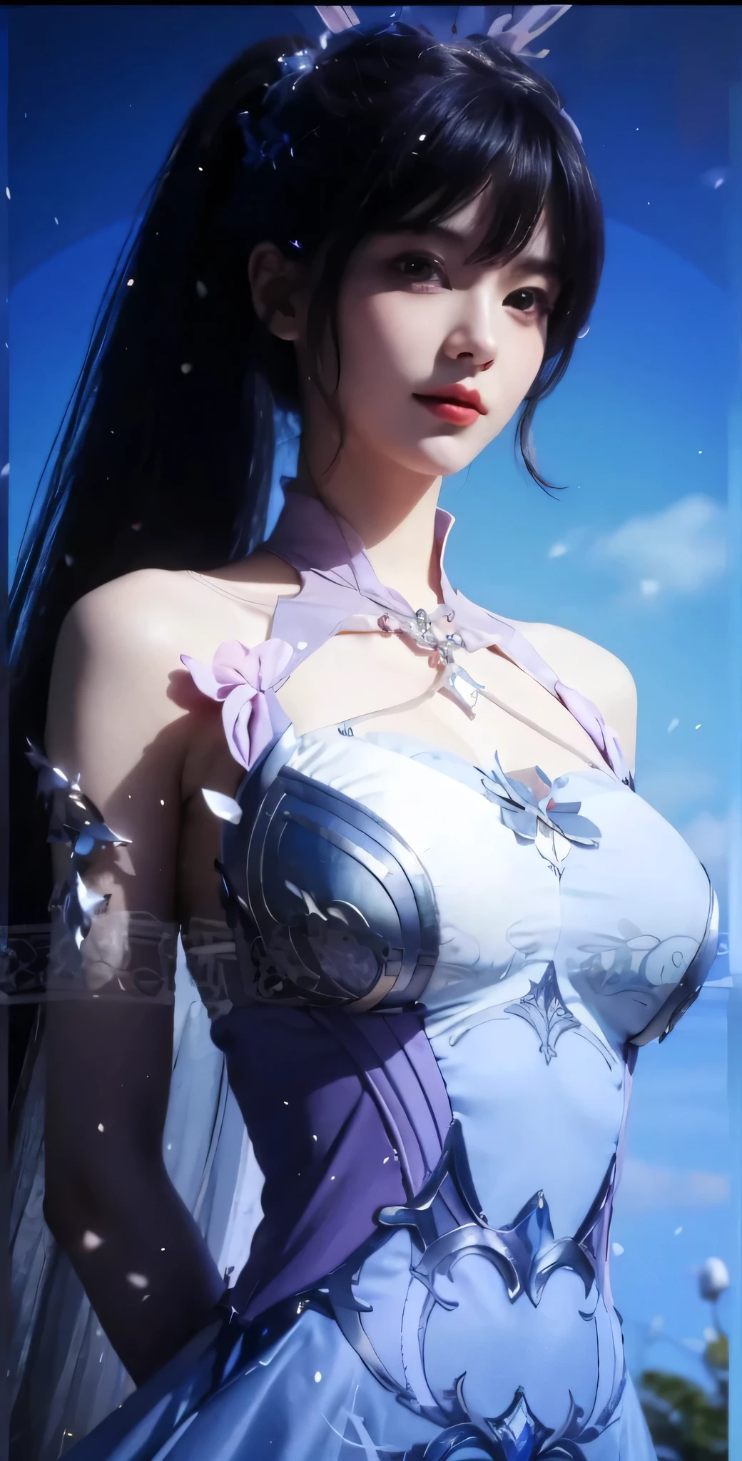 1girl, black_skirt, blue_hair, building, city, cityscape, hair_between_eyes, jacket, looking_at_viewer, medium_hair, multicolored_hair, multiple_boys, night, off_shoulder, outdoors, pleated_skirt, road, shirt, skirt, skyscraper, smile, solo_focus, street, white_shirt