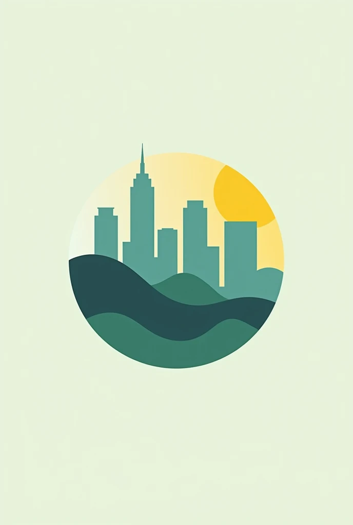 A SIMPLE logo, minimalistic, with a city, with the following colors: cerulean, green and yellow, No sunshine, not pássaros