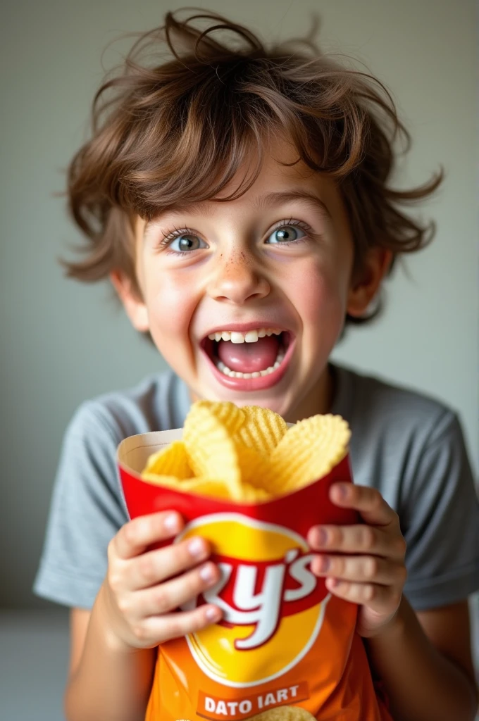 Photo of a  boy holding a pack of potato chips