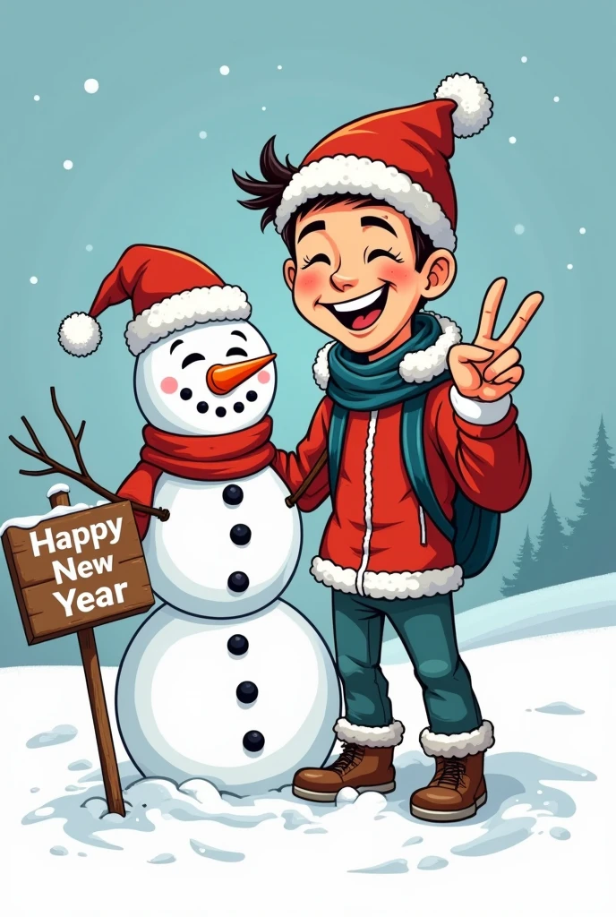 Vector illustration with black outline of the drawing, a man wearing a winter Christmas costume and putting his hand on the elegant Snowman with a carrot nose and a Santa Claus hat on his head and a scarf, the young man is the focus of the picture and takes up half of the picture, bigger than the snowman, the man is laughing and waving the victory sign with his hand, and a sign stuck in the snow that says Happy New Year ,The picture is drawn as a caricature, using vector and colored linear drawings.