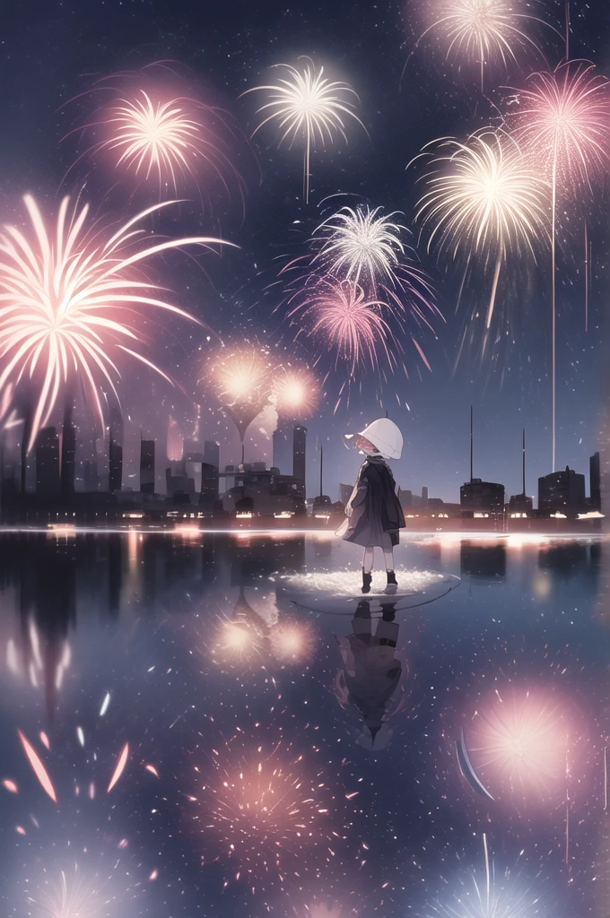 vertical view, a girl, fireworks reflected in the water