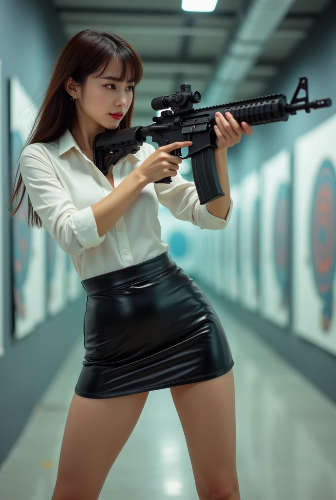 back view facing real person realistic beautiful korean office lady in white shirt and latex mini skirt standing stance legs open spreading arms straighten full portrait holding rifle gun back view facing hip low waist shooting range sexy legs aiming target