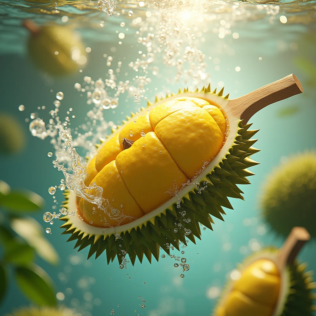 Durian has a unique, spiky peel and yellow flesh. Surrounded by splashing water
Water droplets rendered in Cinema4D style. The scene was shot using microfocus similar to Marcin Sobas' style.
with contemporary glass
Elements with delicate textures reveal light.
Green and white tones
It looks like a durian tree hanging in a bright area. Create ultra-high resolution images with a sense of movement and dynamic clarity.