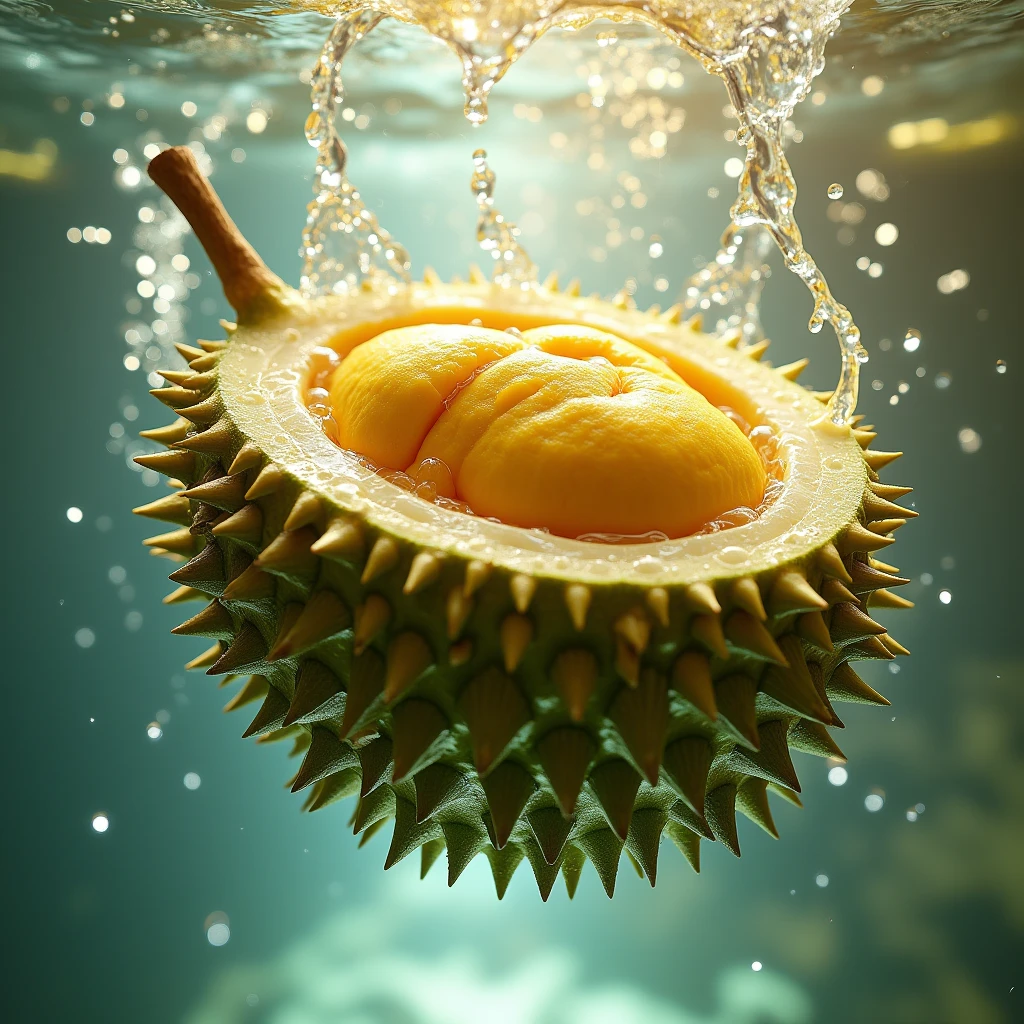 Durian has a unique, spiky peel and yellow flesh. Surrounded by splashing water
Water droplets rendered in Cinema4D style. The scene was shot using microfocus similar to Marcin Sobas' style.
with contemporary glass
Elements with delicate textures reveal light.
Green and white tones
It looks like a durian tree hanging in a bright area. Create ultra-high resolution images with a sense of movement and dynamic clarity.