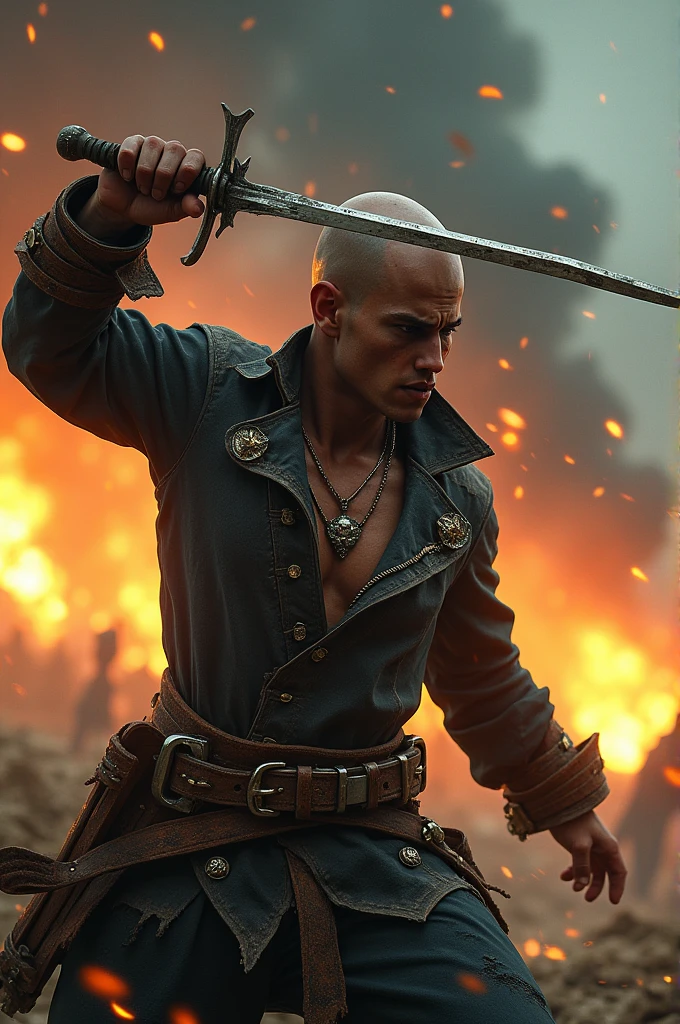 (Ultra quality:1.2), (Ultra detailed:1.2), (Ultra detailed clothes:1.2), (Ultra detailed face:1.2), (Ultra detailed eyes:1.2), (Ultra detailed body:1.2), (Ultra detailed weapons:1.2), young pirate bald guy, torn clothes, , sword fights, battlefield in the background, fire in the background, ht