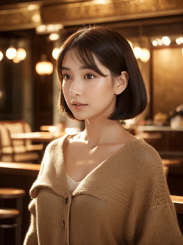 (ultra high resolution:1.5)(Super detailed:1.3) (super high quality) (super high quality:1.5) (realistic pictures:1.3) japanese woman 1 ((Detailed and beautiful facial features:1.3)) ((realistic skin texture:1.say exactly, high quality eyes:1.3)) ((The beauty of detailed and high-quality ears:1.3)) ((Beautiful skin that is very fair and transparent:1.3)) ((Beautifully groomed straight short bob hair:1.3))complete body beautiful proportions (Trend Fashion) (Off-shoulder navy blue knit made of Aranawa) The background is the inside of a cafe at dusk. beautiful depiction, Luxurious and stylish interior ((Viewer's perspective)) (wet half-open lips:1.3). Feminine, soft and gentle shoulders big breasts ((cute:1.3)) (stunning high resolution images) Girls are very interested in men's genitals