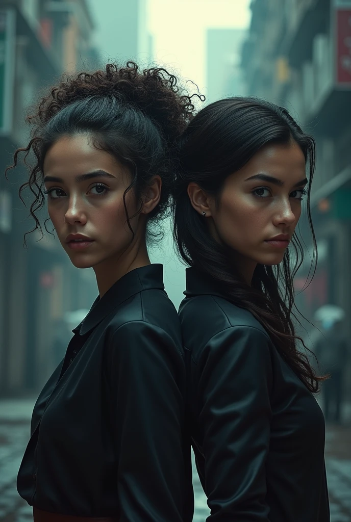 Create the cover of a movie that is two sisters as adults, one with curly hair and a thin ponytail and a little dark and the other with medium complexion and layered hair and a little dark and the title is called Las Doñas in Spanish and that both look like they are 40 years old so it looks like a superhero cover.
