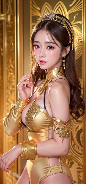 Highest quality,masterpiece,Ultra-high resolution,(Realistic:1.4),Anime Girls,shoulder,charm,Looking into the camera,wuxia ,Gold-colored micro bikini with gold embellishments、（big 、big 房、big Tits）（Cleavage exposure、Exposing the upper arm、Navel exposure、Exposed thighs、）（Golden Garter Stockings）（Delicate fingers）