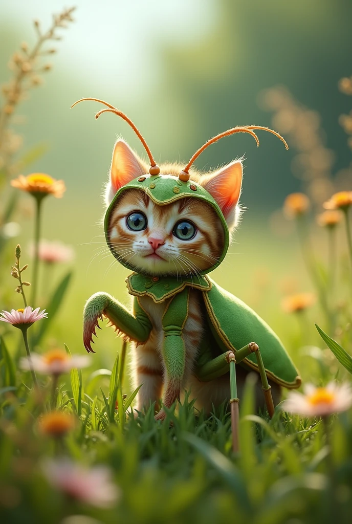 kitten　cute　Praying mantis costume　Field background　Real