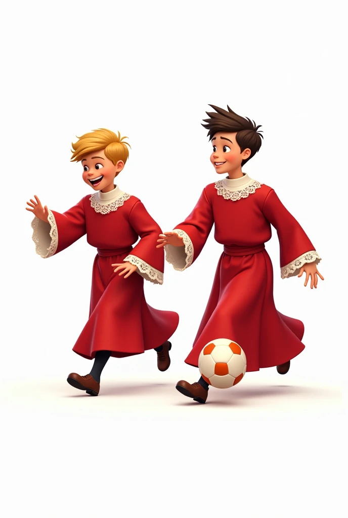 two altar boys in red cassocks and surplices with sleeves, long white lace cassock, playing football, White background, disney type cartoon