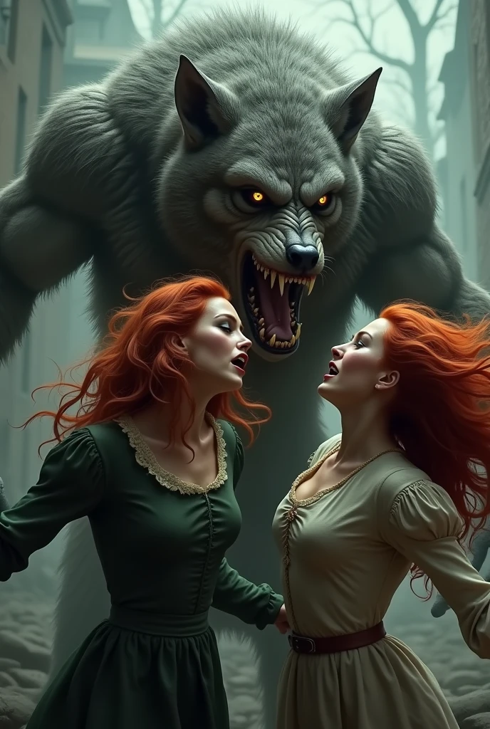 Werewolf with gray hair and patchy yellow eyes attacking a 2 redheaded woman , wavy hair and green eyes 19th century 