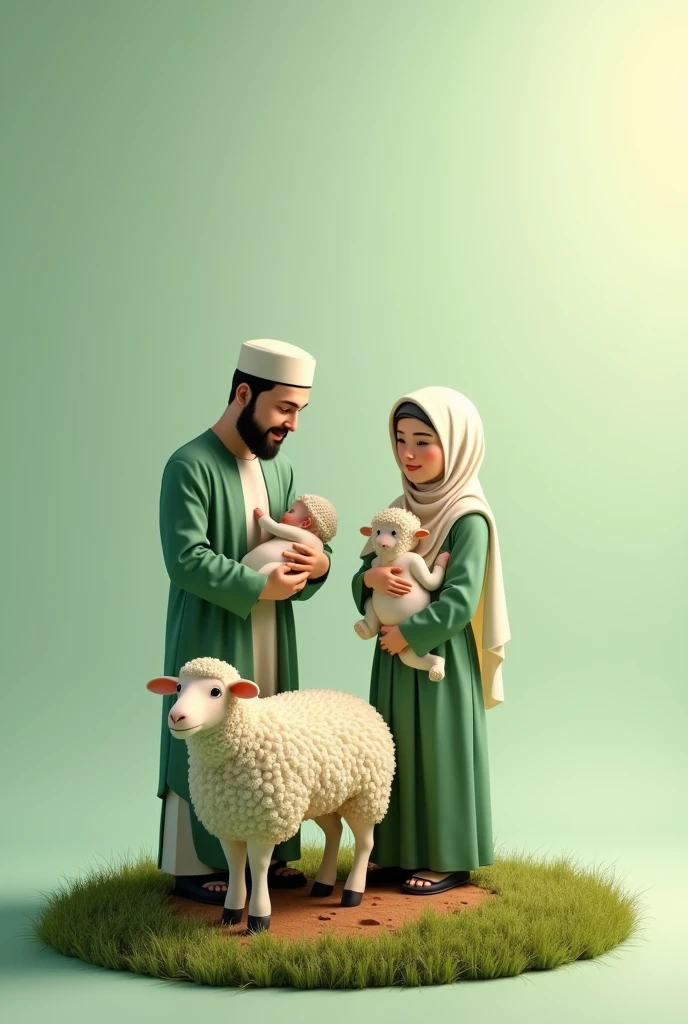 Parents and baby wearing Muslim clothing riding a sheep. With an aqiqah nuance. Shades of green. Background transparan. The sheep is standing on a circle of grass and there is soil underneath it.