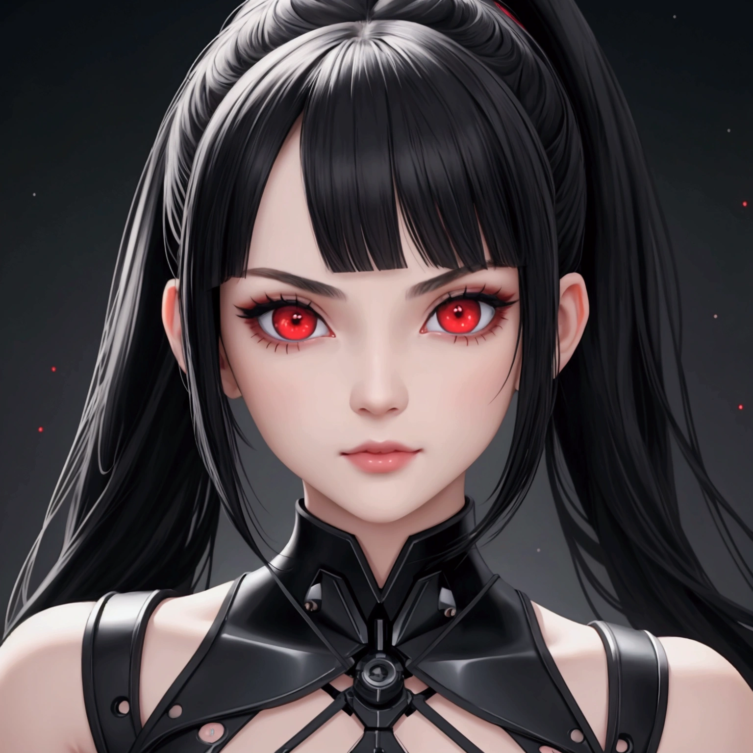beautiful girl, black hair, bangs and long ponytail, natural red eyes, strongly outlined gothic style eyes, she is a mix of human and robot, perfectly synchronized, with high detail, a perfect mix at the same time marks the difference between human and robotic, she looks expressively at the camera in a close-up detailing her beauty, cinematic lighting, 8k, masterpiece