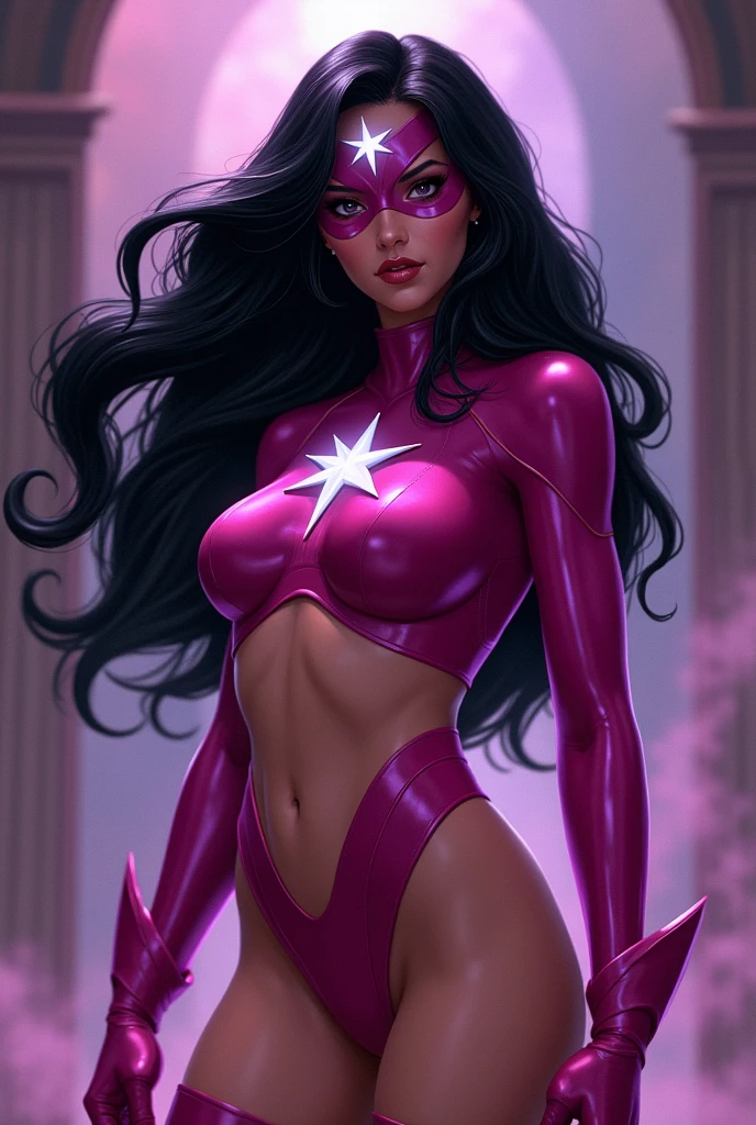 (()Una hermosa mujer de cabello negro largo bajo el manto de Carol Ferris alias Star Sapphire DC Universe traje enterizo fucsia botas y guantes Fucsia y máscara fucsia con una estrella de diez puntas en su frente estrella blanca en su abdomen traje sensual))),(((DC Universe)))