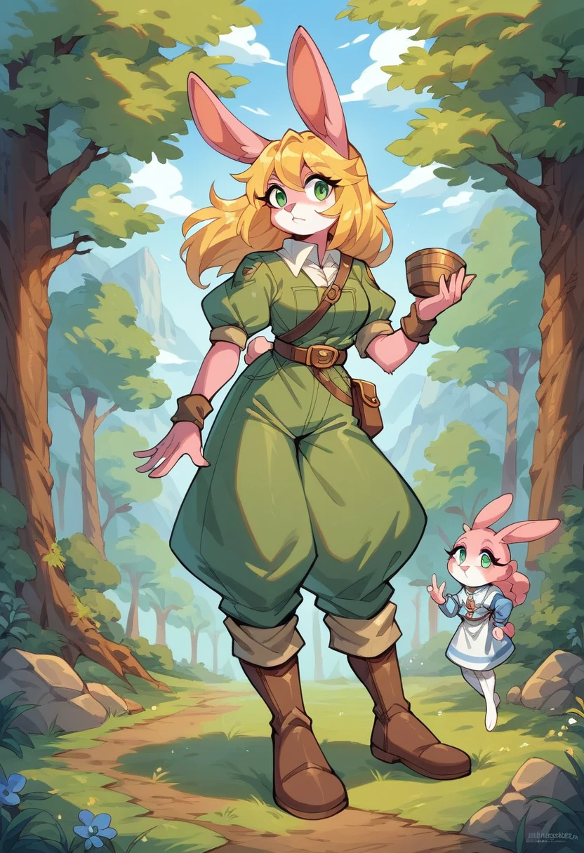 Lyca (AFK Arena), female rabbit, yellow hair, character, one girl, forest, pink fur, tall, green eyes, ranger archer, pink fur, pink skin, medieval clothing, anthropomorphous, rabbit legs