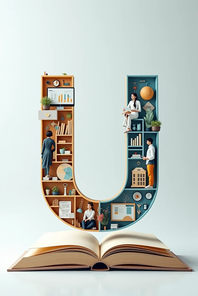 You're describing a unique visual concept where a bold letter "U" is divided into two sections. One section is filled with images related to business management, while the other is filled with images related to hotel management and an open book should be placed under the u.