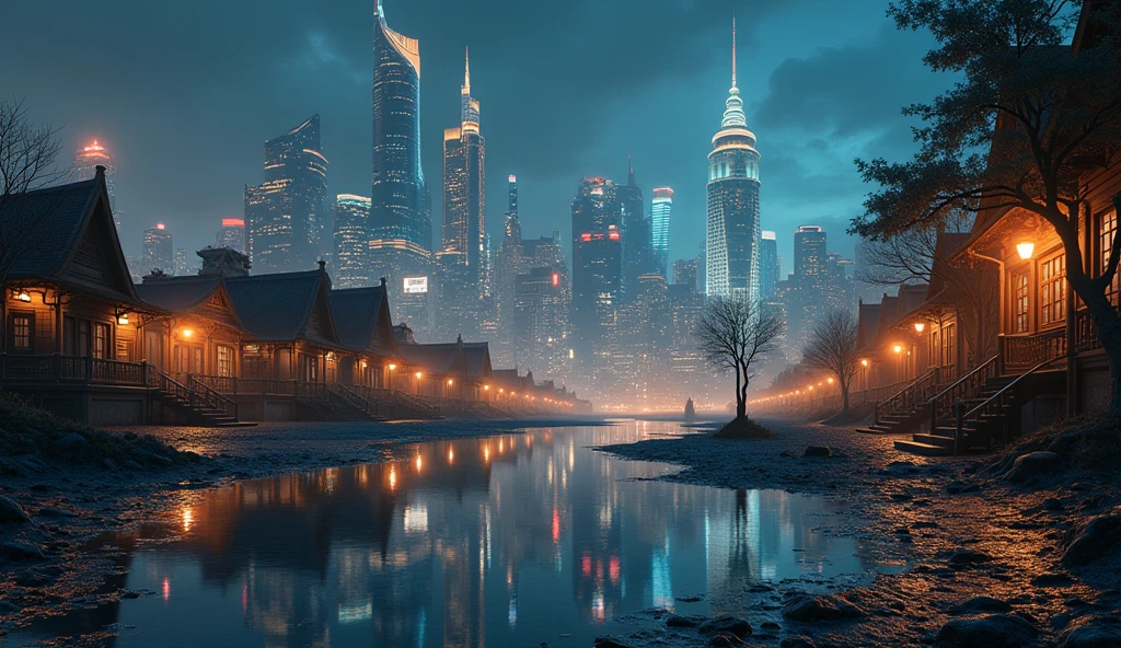 A city full of luxuries (pride) reflected in a puddle of water, And next to it, a small close-knit community (humility). The background is nocturnal, with city lights.