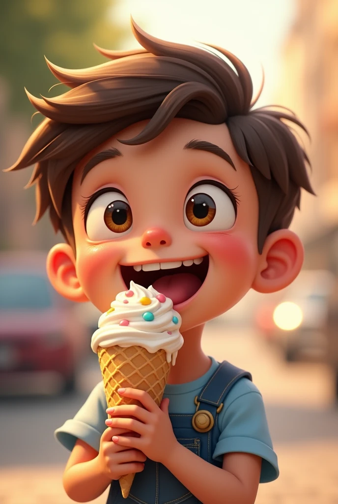 A boy licking ice cream