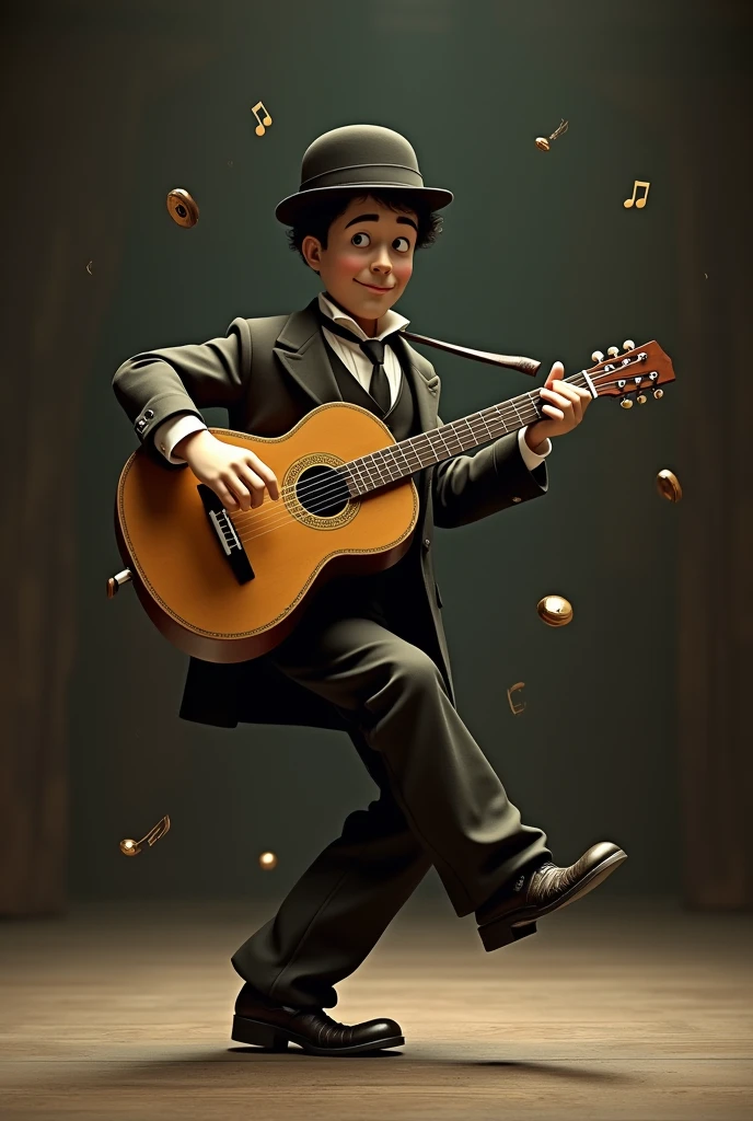 Actor Charlie Chaplin dancing with a guitar