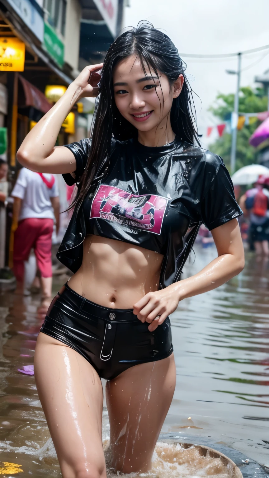 Songkran Festival, Wet Street , Soaked的年轻女孩, Soaked, Dripping, Wet clothes, Moist skin, Wet hair, 8K, masterpiece, Reality, beautiful, Happy