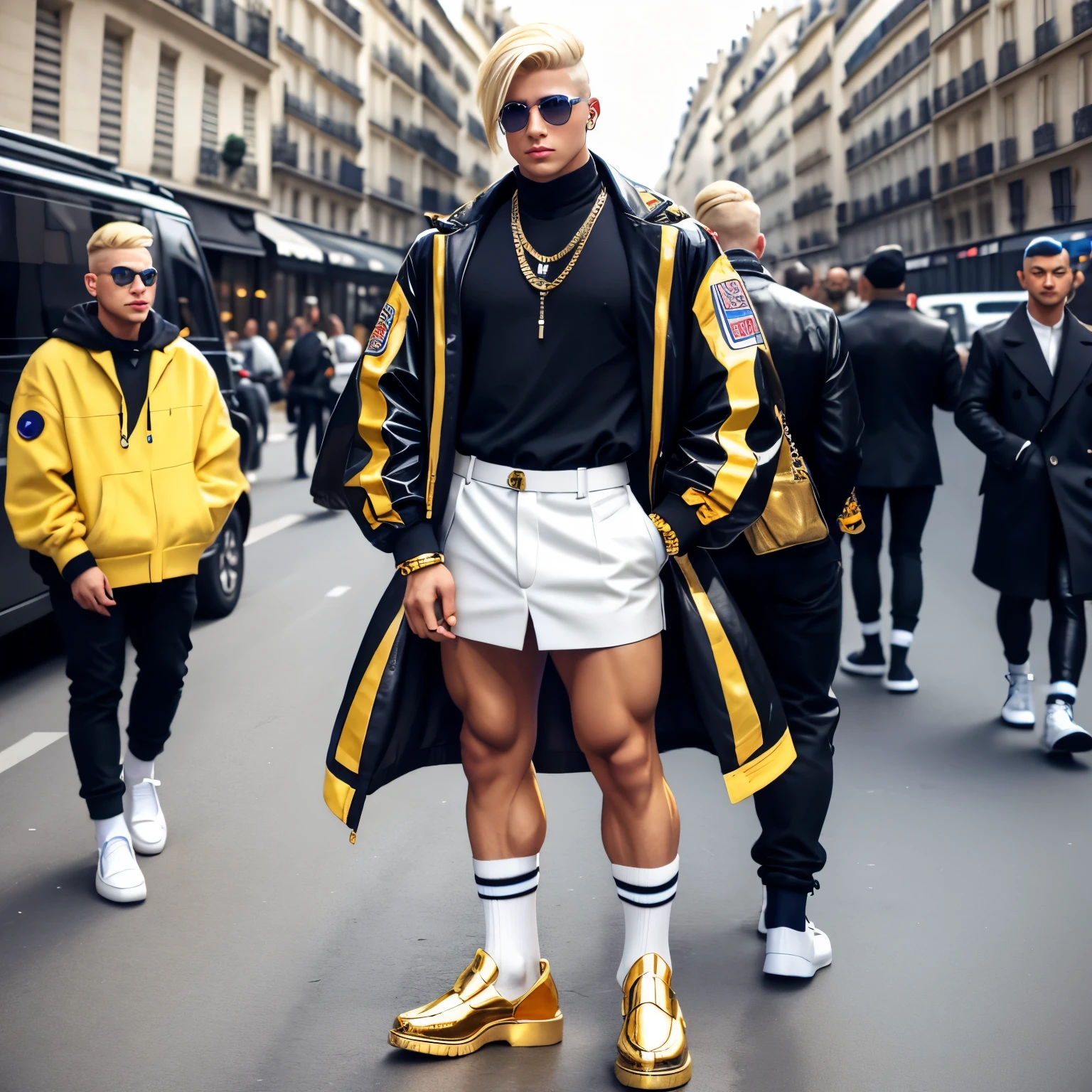 full body view, extremely fag fashion boy with golden shiny platinum blonde undercut haircut, in hyper-hype fashion outfit, long fashion socks, hype chunky loafers and lots of jewelery, at fashion week, Paris, looking over-fag