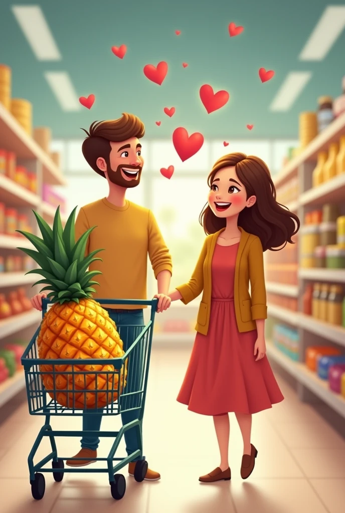 A couple in love hitting the supermarket cart with pineapple inside and hearts around it