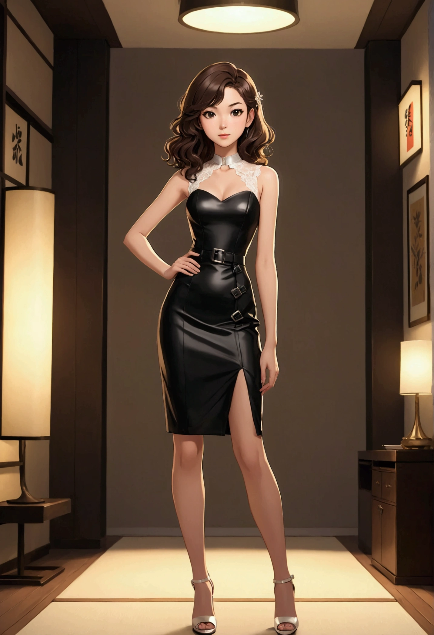 A beautiful young anime style Sarah Kay, British with semi-long wavy brown hair dressed in an elegant sleeveless, strapless dress with three-buckle details in front, all in white and a pencil skirt, wearing silver high-heeled sandals, she is modeling and posing for the camera in a relaxed attitude and next to her A beautiful Asian woman, with long, straight black hair, dressed in a short, tight black dress, with a small lace detail on the neckline, wearing shiny black high-heeled shoes, a small leather bag
