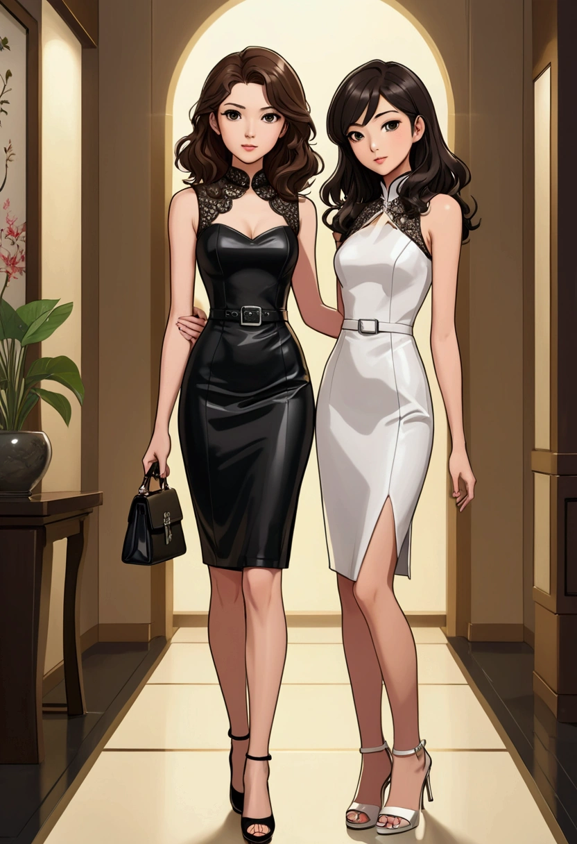 A beautiful young anime style Sarah Kay, British with semi-long wavy brown hair dressed in an elegant sleeveless, strapless dress with three-buckle details in front, all in white and a pencil skirt, wearing silver high-heeled sandals, she is modeling and posing for the camera in a relaxed attitude and next to her A beautiful Asian woman, with long, straight black hair, dressed in a short, tight black dress, with a small lace detail on the neckline, wearing shiny black high-heeled shoes, a small leather bag
