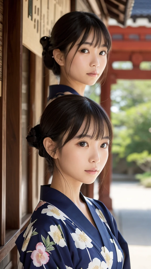 Create a highly realistic image of a woman wearing a traditional yukata. Her face is meticulously detailed with perfectly symmetrical features, soft facial contours, and large, expressive eyes. She has bangs that frame her face delicately. The background is a serene shrine, capturing the traditional and peaceful atmosphere of the setting. The overall image should emphasize the natural beauty of the woman and the cultural richness of the shrine backdrop.