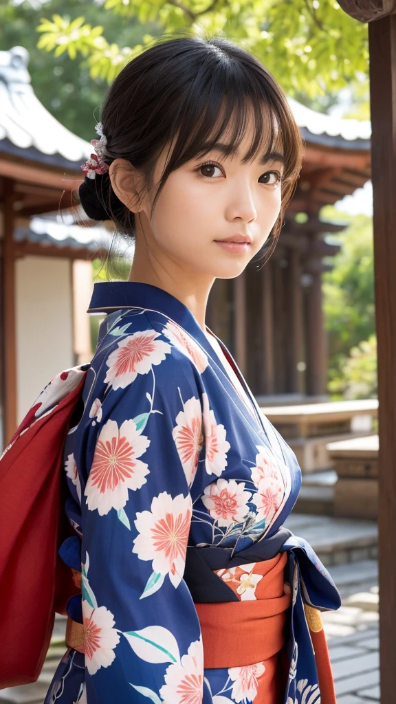 Create a highly realistic image of a woman wearing a traditional yukata. Her face is meticulously detailed with perfectly symmetrical features, soft facial contours, and large, expressive eyes. She has bangs that frame her face delicately. The background is a serene shrine, capturing the traditional and peaceful atmosphere of the setting. The overall image should emphasize the natural beauty of the woman and the cultural richness of the shrine backdrop.