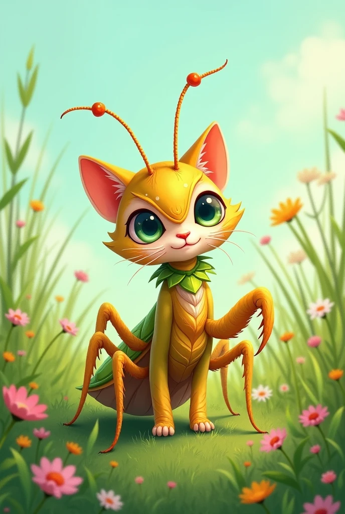 kitten　cute　Praying mantis costume　Field background　Illustrated style