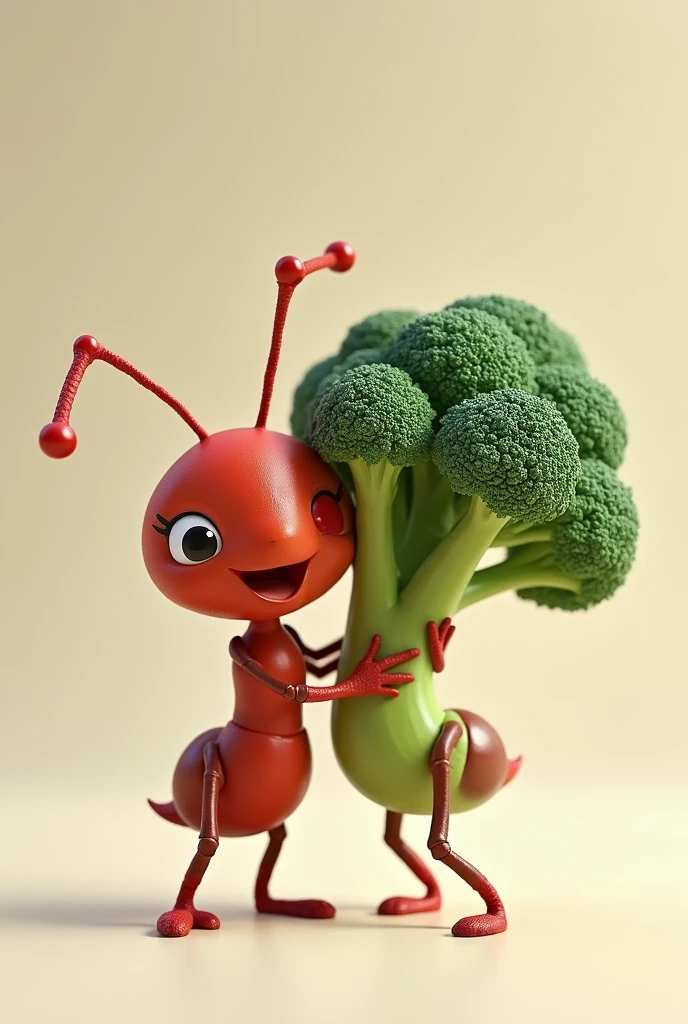 A red ant and a broccoli hugging each other animatedly