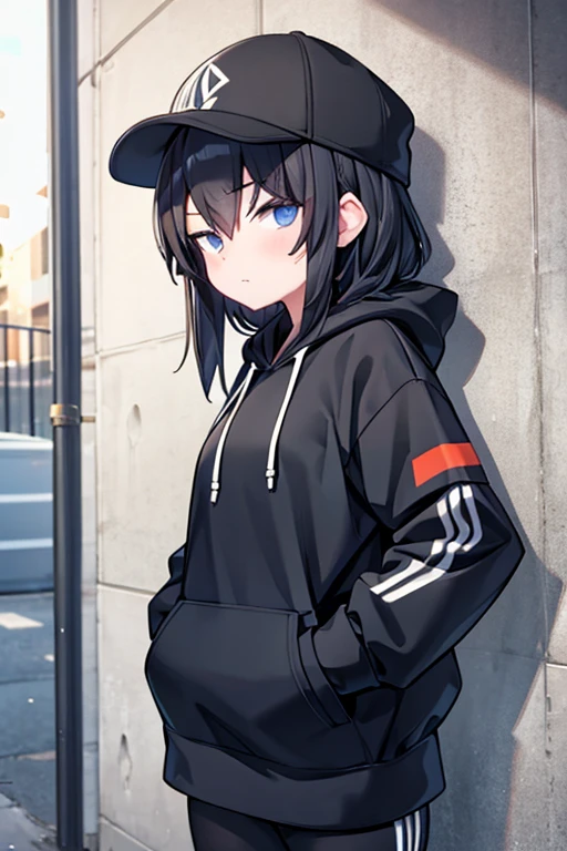 alley,One girl, Shortcuts, Mob Cap,hoodie,Hands in pockets,Leaning against a wall,inflate gum,Gaze, Only look at,cell phone