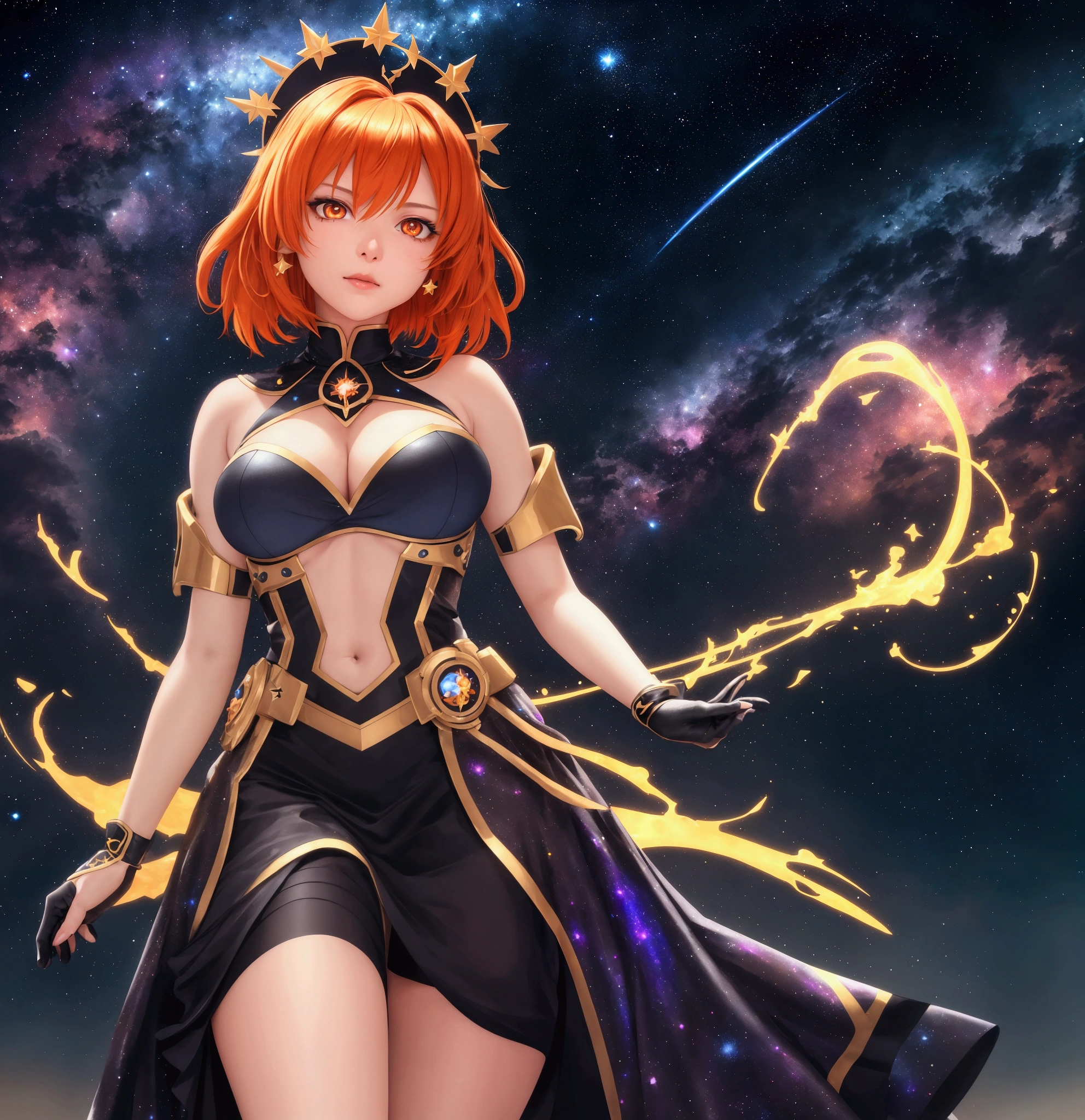 a beautiful girl with orange hair and golden eyes, Fujimaru Ritsuka from Fate/Grand Order, standing in a colorful cosmic nebula background with stars and galaxies, in the Warhammer 40k universe, Fujimaru Ritsuka is the demonic prince of the Crypters, extremely detailed, flawless facial features, best quality,4k,8k,highres,masterpiece:1.2,ultra-detailed,realistic,photorealistic,photo-realistic:1.37,HDR,UHD,studio lighting,ultra-fine painting,sharp focus,physically-based rendering,extreme detail description,professional,vivid colors,bokeh