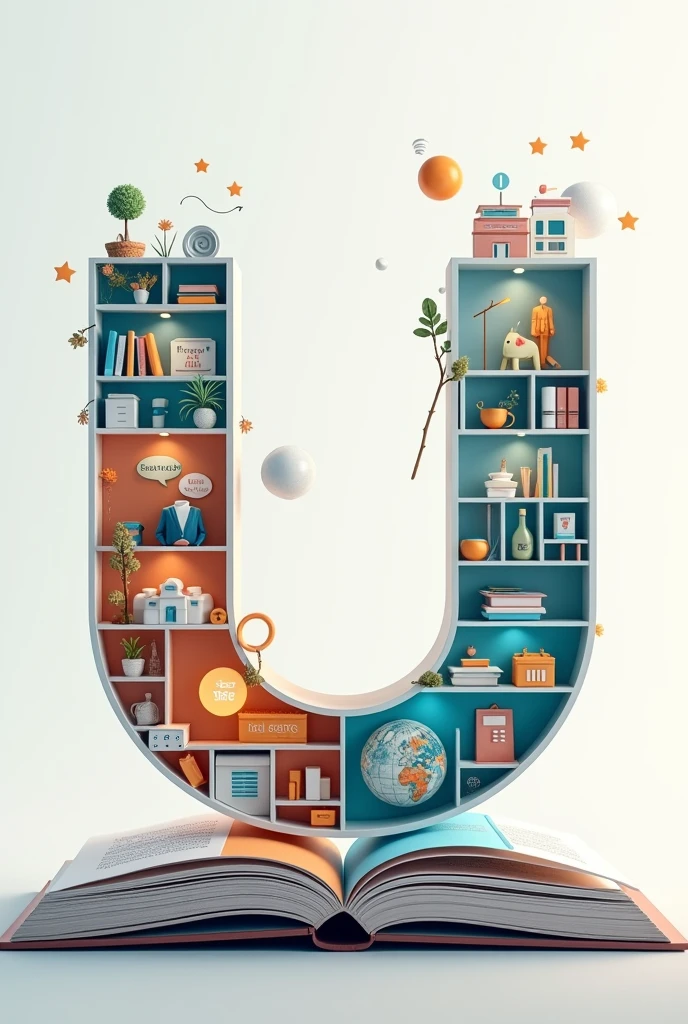 You're describing a unique visual concept where a bold letter "U" is divided into two sections. One section is filled with images related to business management, while the other is filled with images related to hotel management and an open book should be placed under the u.