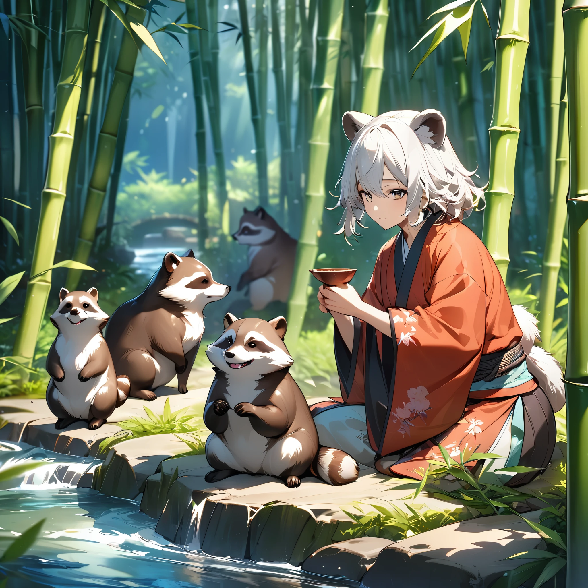 Pottery、Raccoon dog figurine、Shigaraki ware、Bamboo grove、stream、Bamboo leaves fluttering in the cool air. A break masterpiece.、Beautiful attention to detail:1.2, Perfect lighting, (perfect hand, perfect anatomy), Precise depiction、Vibrant colors