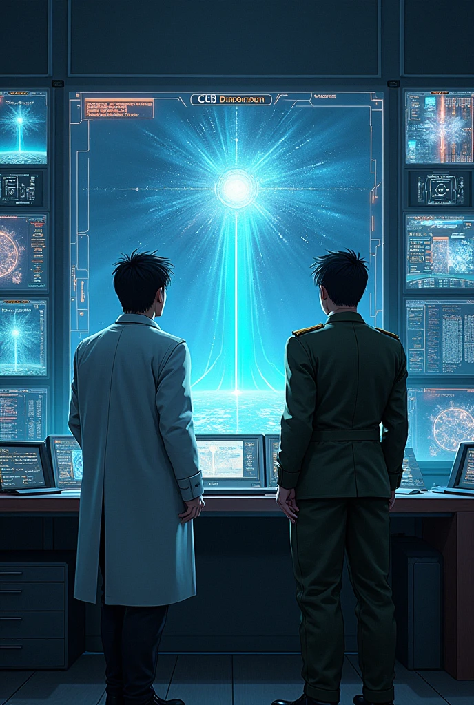 In a control room a lot of screens. Some are black and others are screen-printed showing an interdimensional rift. And another screen showing values exceeding limits. And that this is a male scientist with an ambitious personality. And a male army commander looking at the screens standing.