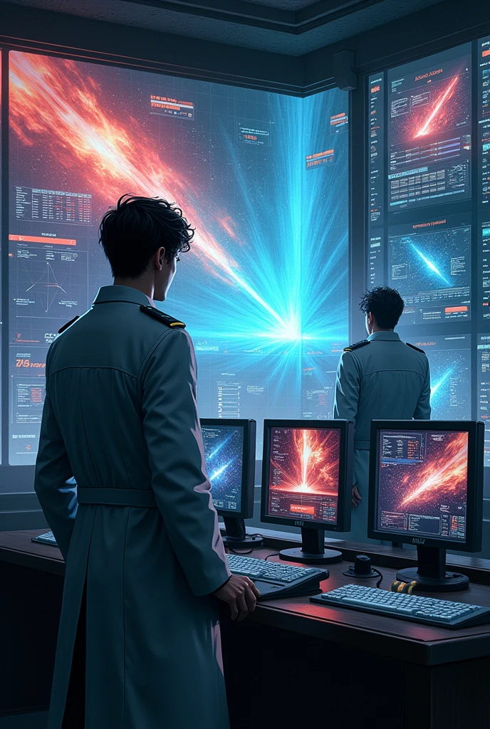 In a control room a lot of screens. Some are black and others are screen-printed showing an interdimensional rift. And another screen showing values exceeding limits. And that this is a male scientist with an ambitious personality. And a male army commander looking at the screens standing.  