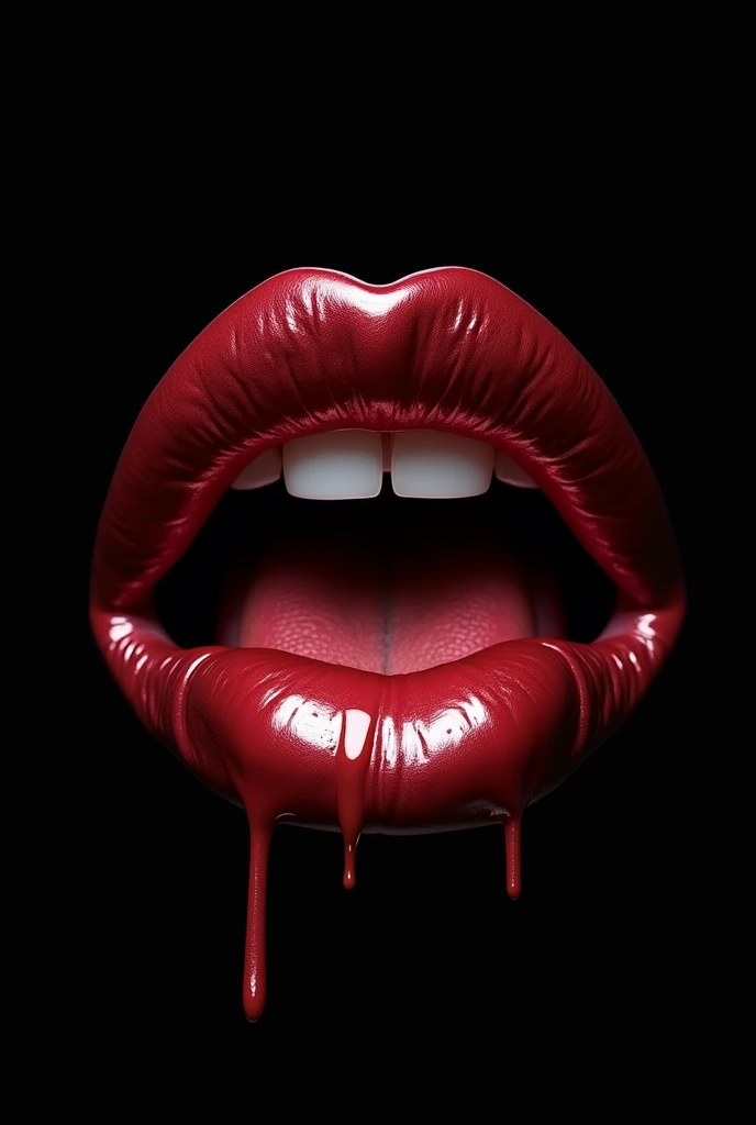 make a giant female closed mouth with shiny metallic dark red lips, It's just the mouth on a black background, the tongue is discolored and is touching the upper lip, melting the tip in contact with the upper lip is melting and dripping,