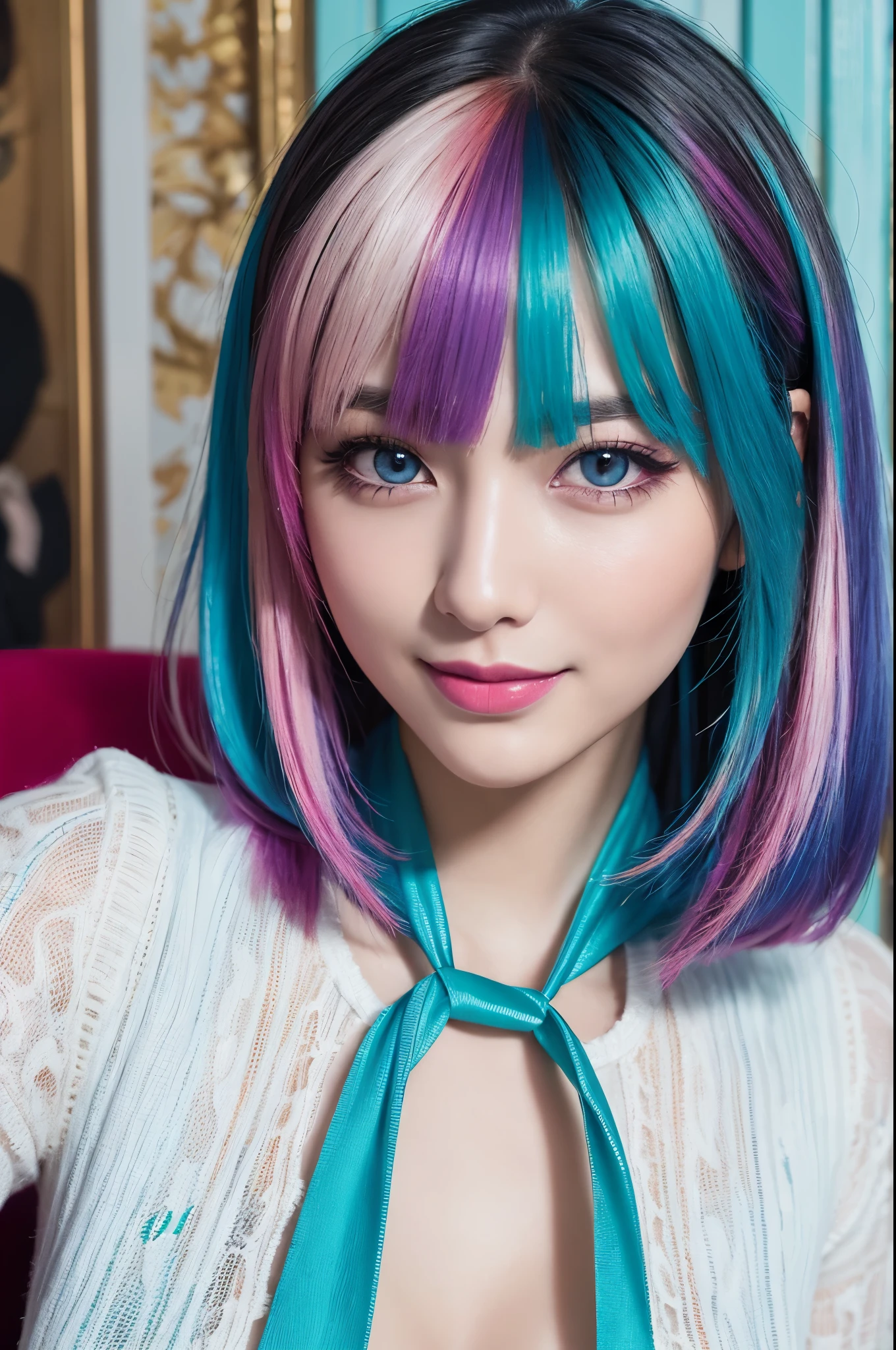 high quality, real、High resolution, Realistic、8k、masterpiece, detailed.impressive, Japanese、Cutting-edge female photography portraits、Happy expression、Looking at the camera、cyan, and purple, Her vibrant makeup really catches the eye.. Her colorful hair is tied up high、Various hair colors、(Swedish House、Stylish room)
