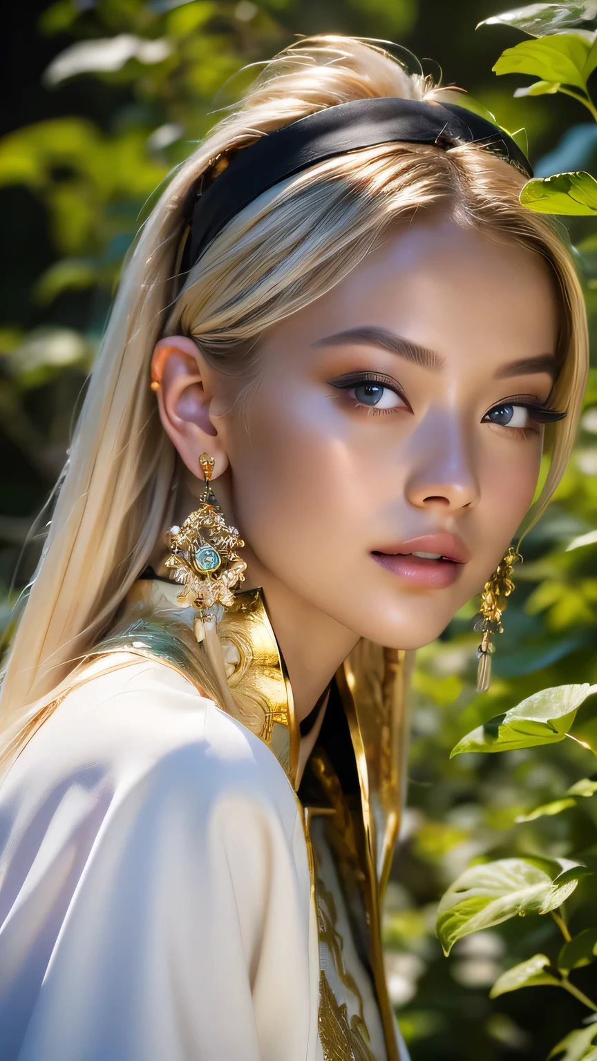(((masterpiece, Highest quality, High resolution, Attention to detail)))), One, ((Fantasy)))), (A peerless beauty)))), (White short skirt with gold embroidery), (Long blonde ponytail：Dumpling１), (Shiny, dark black eyes), (Green surcoat with gold embroidery), big, (((at night forest)), (Many beautiful flowers are blooming)), Sit in a chair and look here , Particles of light flying､(((Face close-up)))､Face close-up