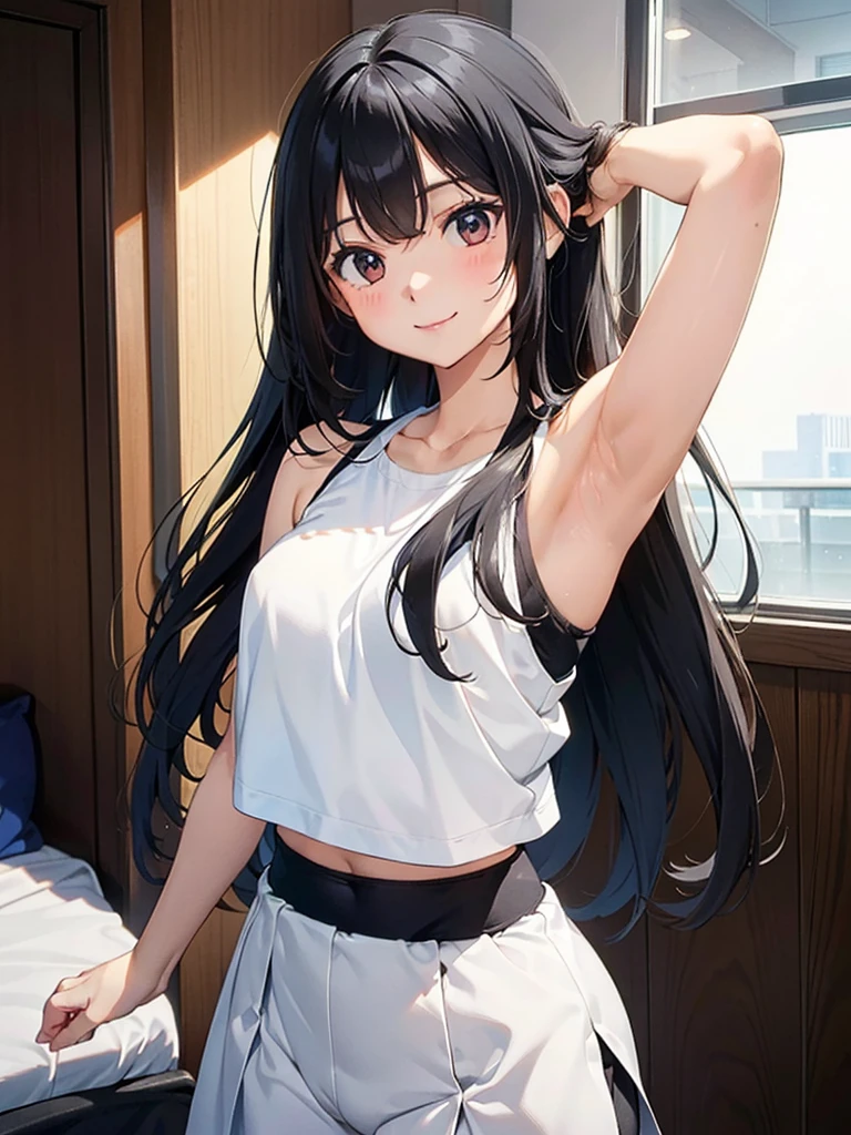 Girl, cute, adorable, smiling, straight hair, long hair, black hair, standing, (right arm up behind:1.2), (shows armpit:1.2), (left arm Lower waist:1.2), Swayback stance, looking at the camera, From the front, from thighs to head, my room, daylight, Sports bra top