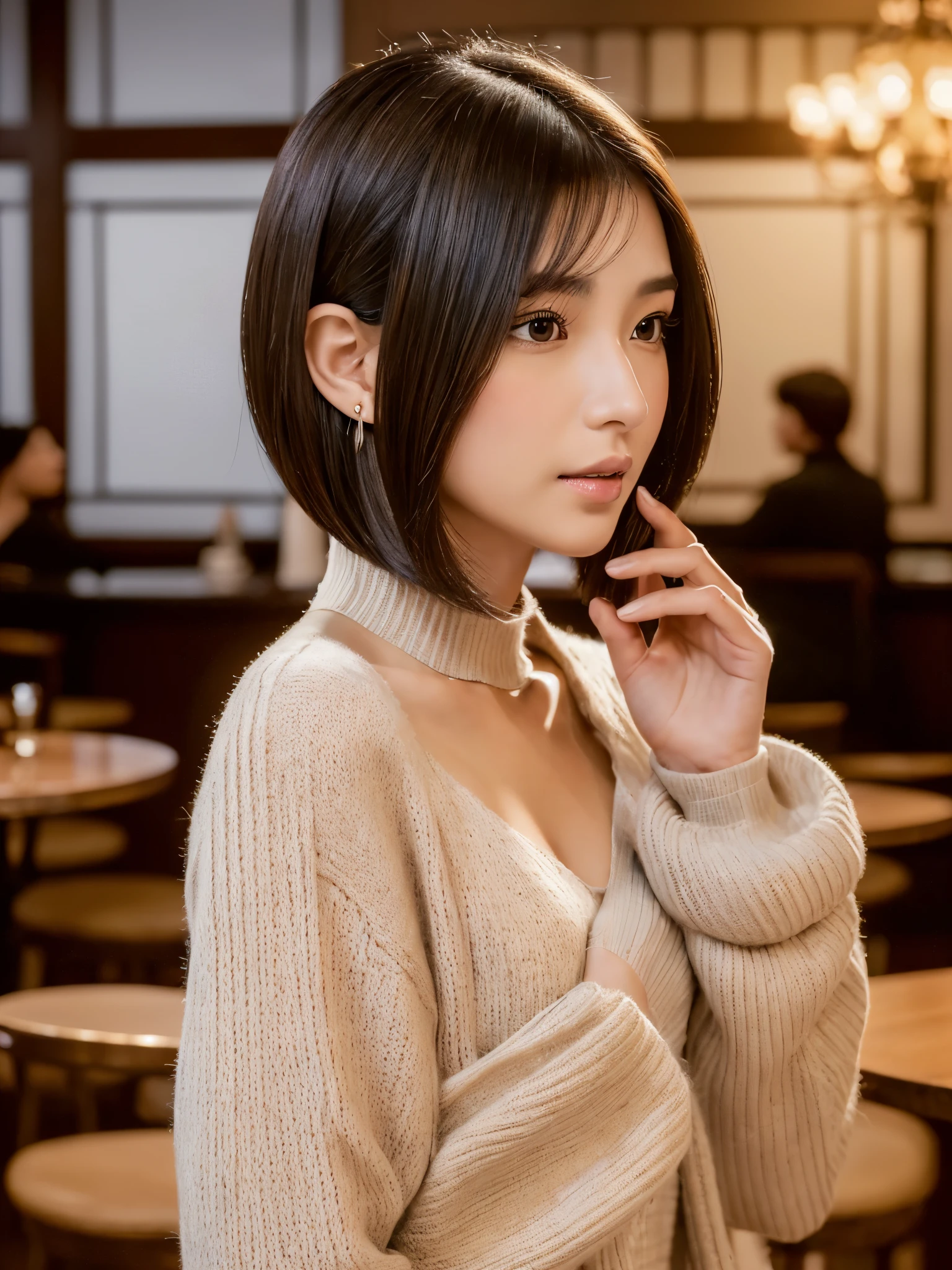(ultra high resolution:1.5)(Super detailed:1.3) (super high quality) (super high quality:1.5) (realistic pictures:1.3) japanese woman 1 ((Detailed and beautiful facial features:1.3)) ((realistic skin texture:1.say exactly, high quality eyes:1.3)) ((The beauty of detailed and high-quality ears:1.3)) ((Beautiful skin that is very fair and transparent:1.3)) ((Beautifully groomed straight short bob hair:1.3))complete body beautiful proportions (Trend Fashion) (Off-shoulder navy blue knit made of Aranawa) The background is the inside of a cafe at dusk. beautiful depiction, Luxurious and stylish interior ((Viewer's perspective)) (wet half-open lips:1.3). Feminine, soft and gentle shoulders big breasts ((cute:1.3)) (stunning high resolution images) Girls are very interested in men's genitals
