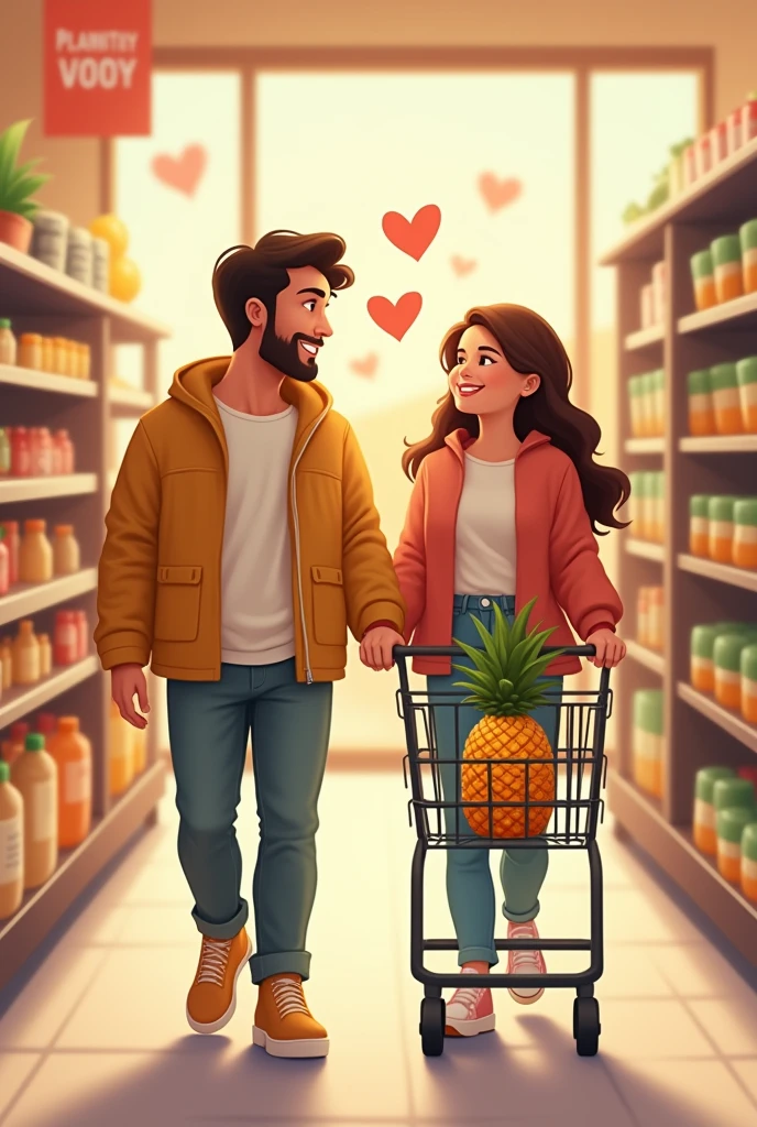A couple in love hitting the supermarket cart with pineapple inside and hearts around it